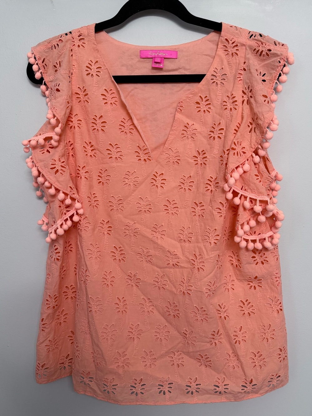 Lilly Pulitzer Coral Eyelet Pom-Pom Sleeve Top